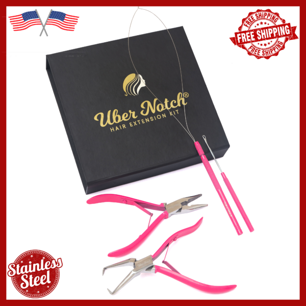 A Hair Extension Kit containing various hair extension pieces, including Hook Loop Pliers, I-Tip